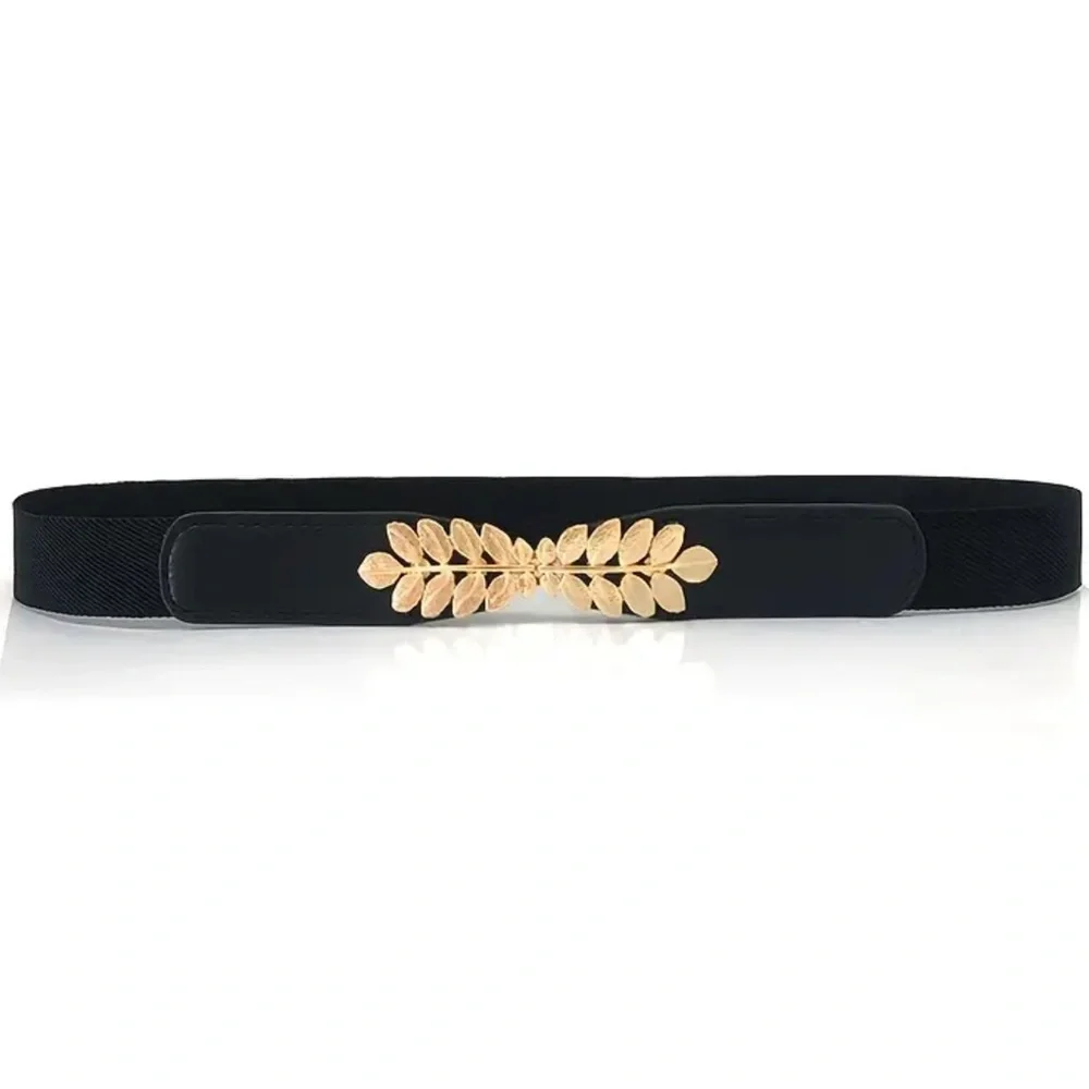 Black Elegant Gold Leaf‎ Buckle Elastic Casual Belt Adjustable One-Size